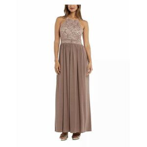 R & M Collection Taupe Gown Sleeveless Halter Maxi Evening Fit + Flare Dress 8